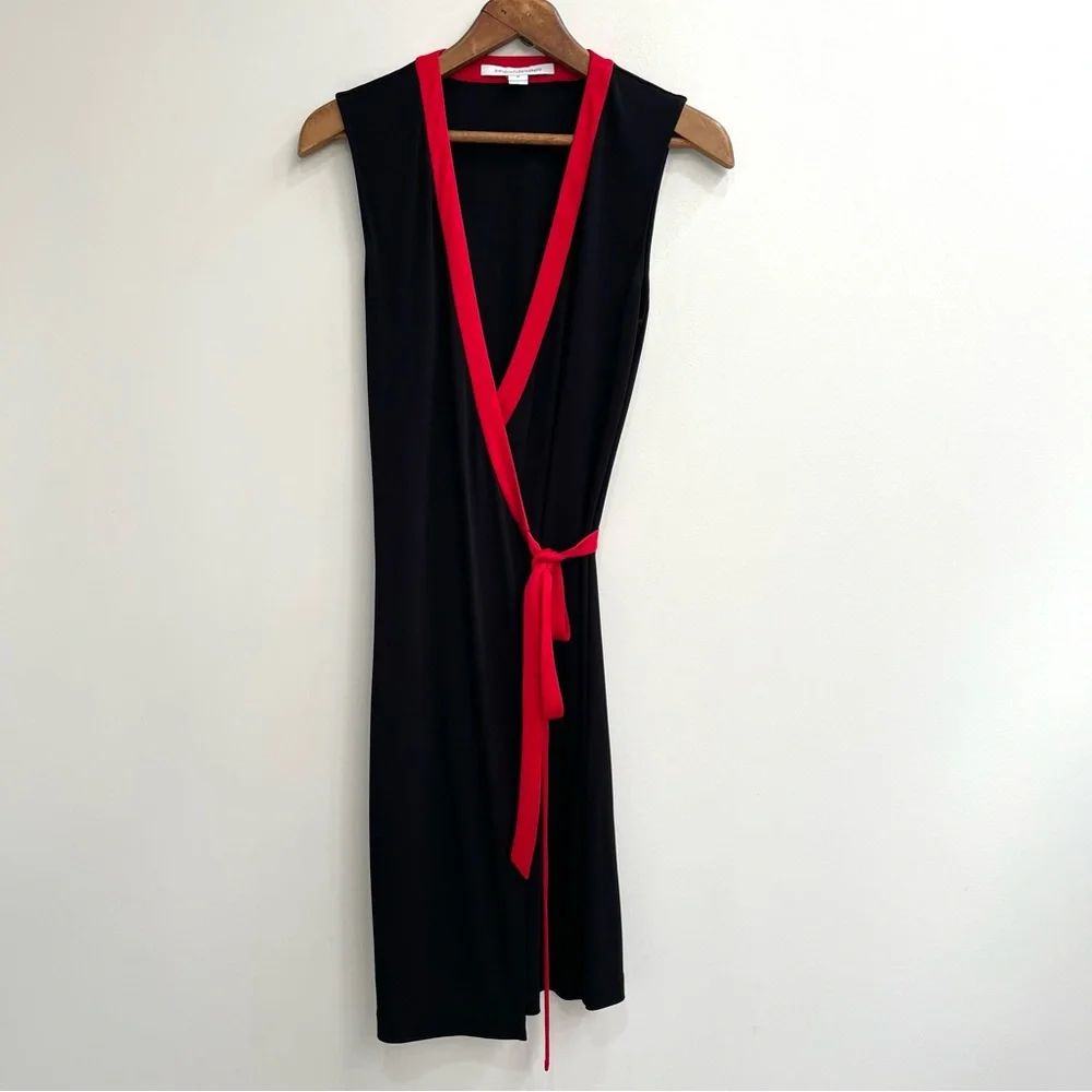 Diane von Furstenberg DVF Valena True Wrap Dress Sleeveless Black Red Trim 10 - Picture 4 of 14